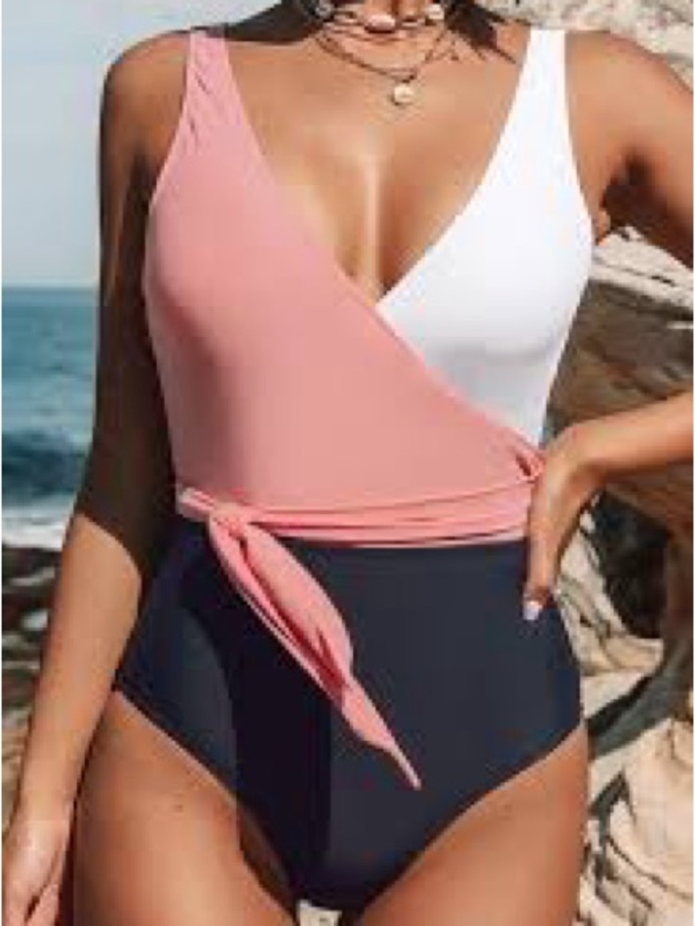 Cupshe Pink, White & Navy Colorblock Wrap One-Piece